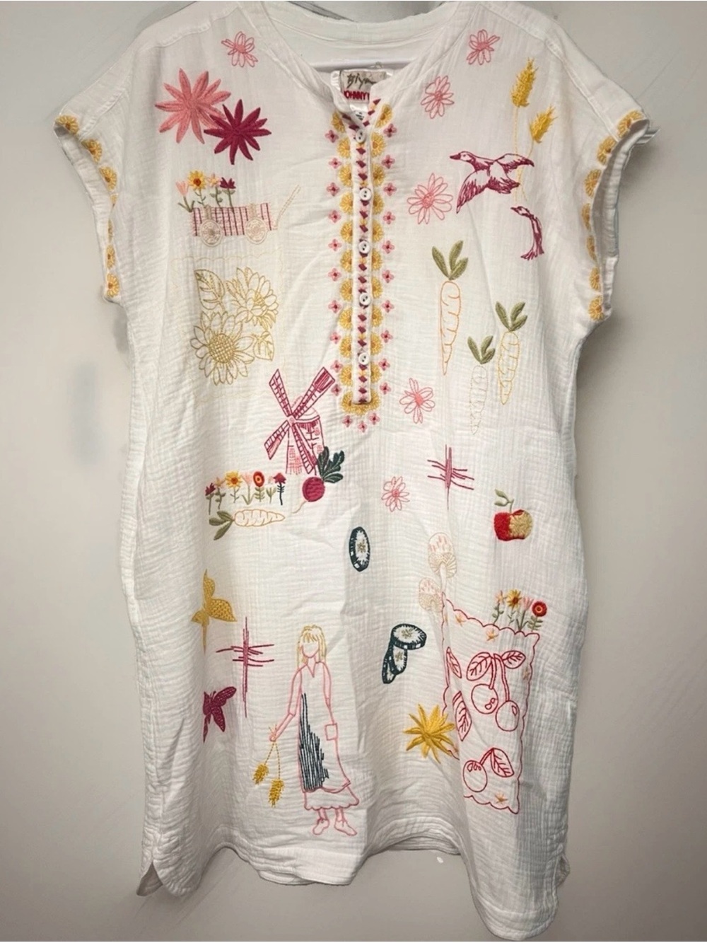 Johnny Was Mishti Embroidered Cotton Gauze Dress XL White Boho Cottagecore Tunic